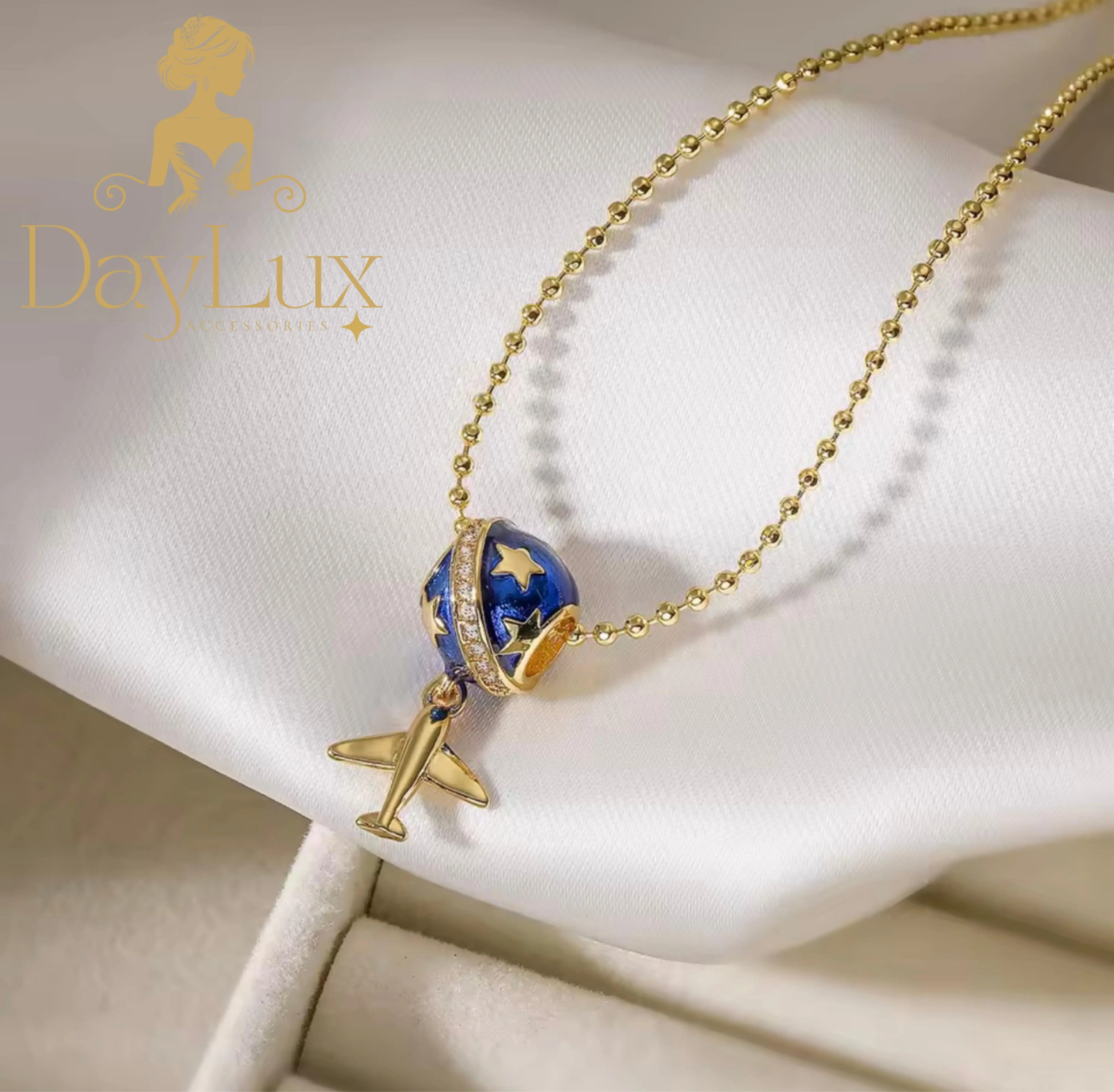 Gold-Plated Detailed Blue Globe Charm & Dangling Airplane Charm Necklace - Adventure Enthusiasts' Casual Daily Wear Costume Jewelry