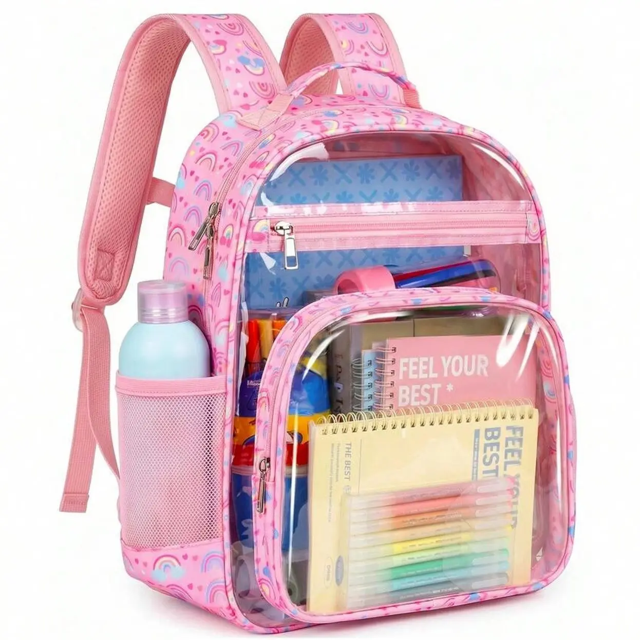Clear Patterned Backpack with Front Pocket, Lightweight PVC School Bag for Students and Daily Travel