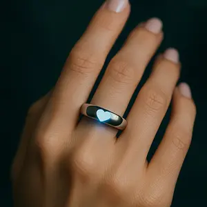 Aesthetic Blue Aura Glow Ring for unisex Light-Up Heart Jewelry Trendy TikTok Ring with Metal Coating Hypoallergenic and Adjustable Fit