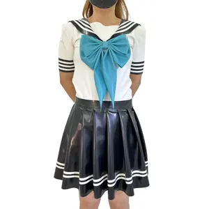 Long Cos Latex Japanese Sailor Suit with Blue Bow and Pleated Skirt for Cosplay Top - White Top & Black Skirt
