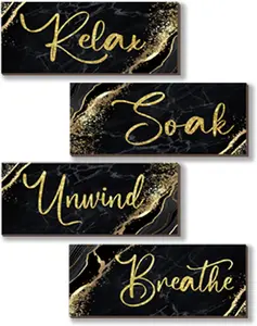 ONIZHITY 4 Pcs Black and Gold Bathroom Decor Black Gold Wall Decor Relax Soak Unwind Breathe Wooden Rustic Marble Style Bathroom Accessories for Bedroom Living Room Decor Kitchen(10X4)