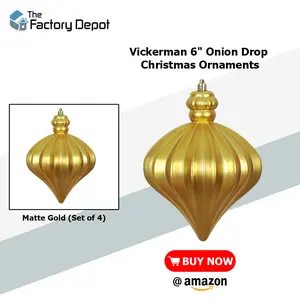 Vickerman 6" Onion Drop Christmas Ornaments in Matte Gold (Set of 4)