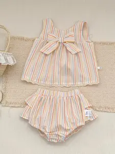 Summer Newborn Baby Girl Set, Outfit, Floral Butterfly Pattern Machine Knitted Top & Inflatable Pants, Comfortable Fabric, 0-3 Months