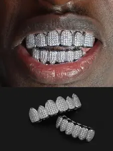 Full-Cover Imitation Diamond Frame Grills Teeth Grillz, Upper & Lower Hip-Hop Style, Trendy Fashion for Men and Women, Unisex, Perfect Holiday Gift