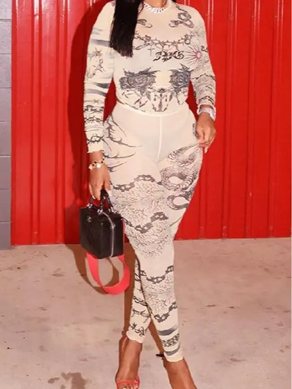 Skinny Mesh Printed Long Sleeve Top and Pants Set