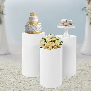 3-Piece White Iron Cylinder Display Stands Set 50cm 55cm 60cm Heights 20-30kg Load Capacity for Weddings Parties Dessert Tables Elegant Pedestals