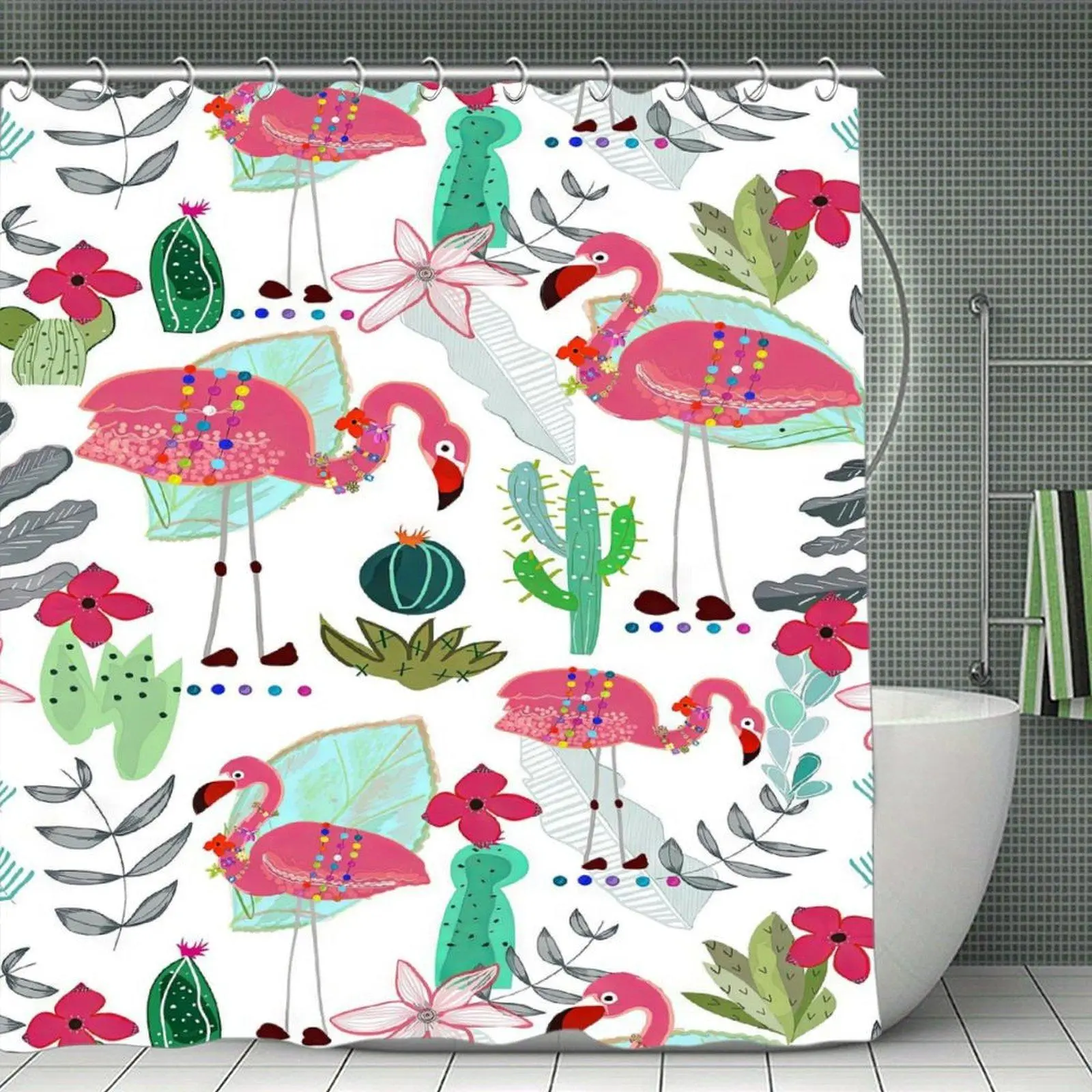 Cute Flamingo Shower Curtain, Pink Bird and Cactus Pattern, Tropical Bathroom Decor