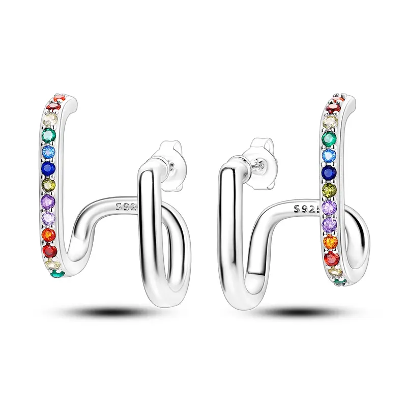 Rainbow Wave Double Hoop Earrings 925 Sterling Silver, Rainbow, Curved Double Hoop Design For Pride Month/Birthday/Everyday Wear
