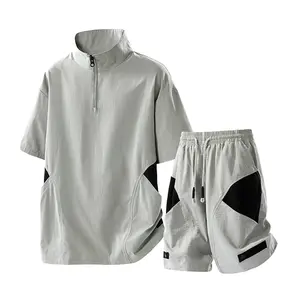 Men’s 2-Piece Color Block Casual Tracksuit, Half-Zip Short Sleeve Top + Elastic Waist Shorts, Lightweight Streetwear Set