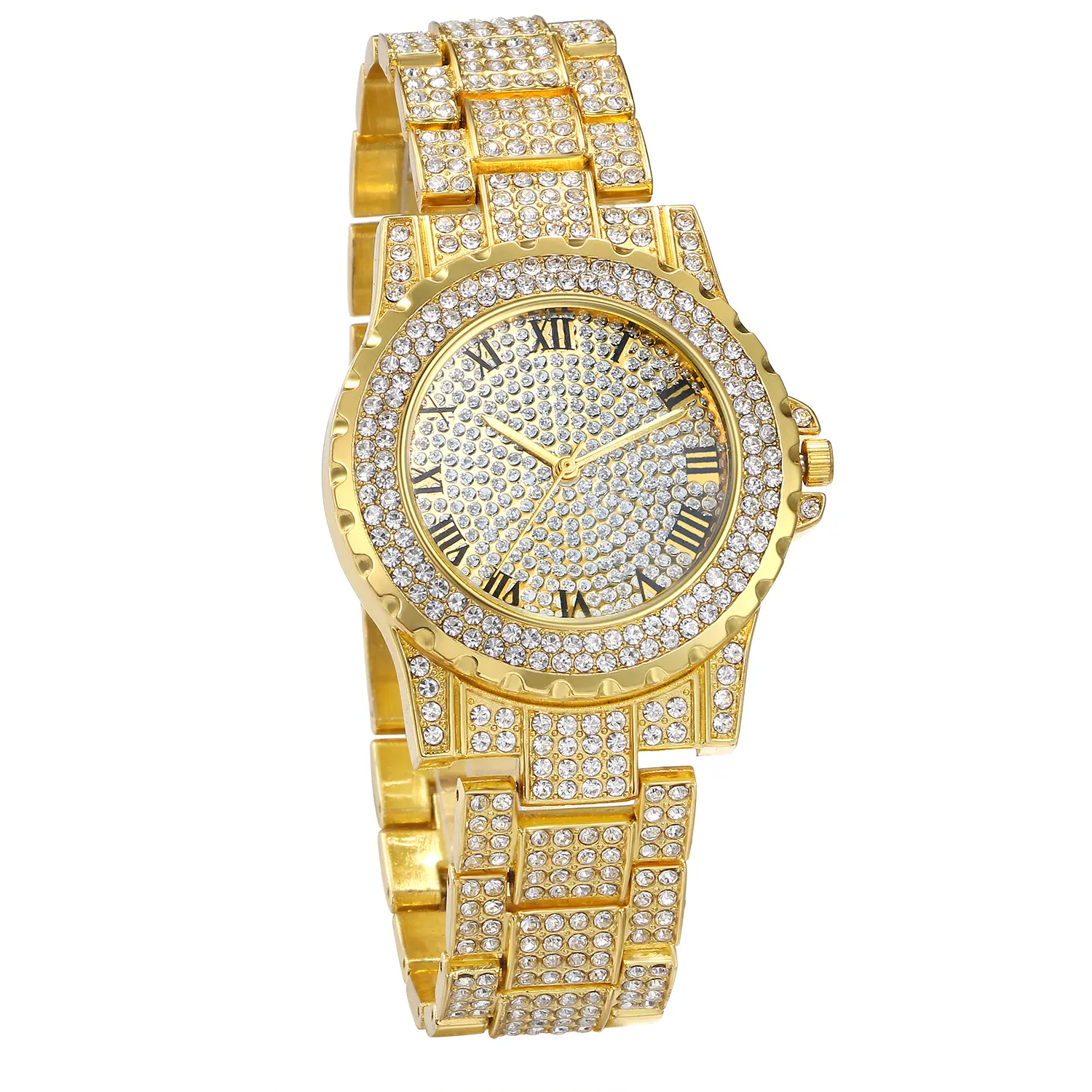 OIDEA Men's Iced Out Rhinestone Watch, Luxury Quartz Timepiece with Roman Numeral Dial, 1ATM Water Resistant, Rhinestones