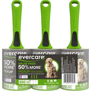 Evercare Green Pet Hair Lint Rollers 3-Pack Reusable Contoured Handle 100 Easy-Tear Sheets Each