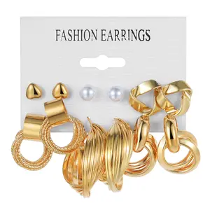 Alloy Earrings Set - Vintage Pearl Card Earrings Set, Square Geometry Design, 6-Piece Earring Set