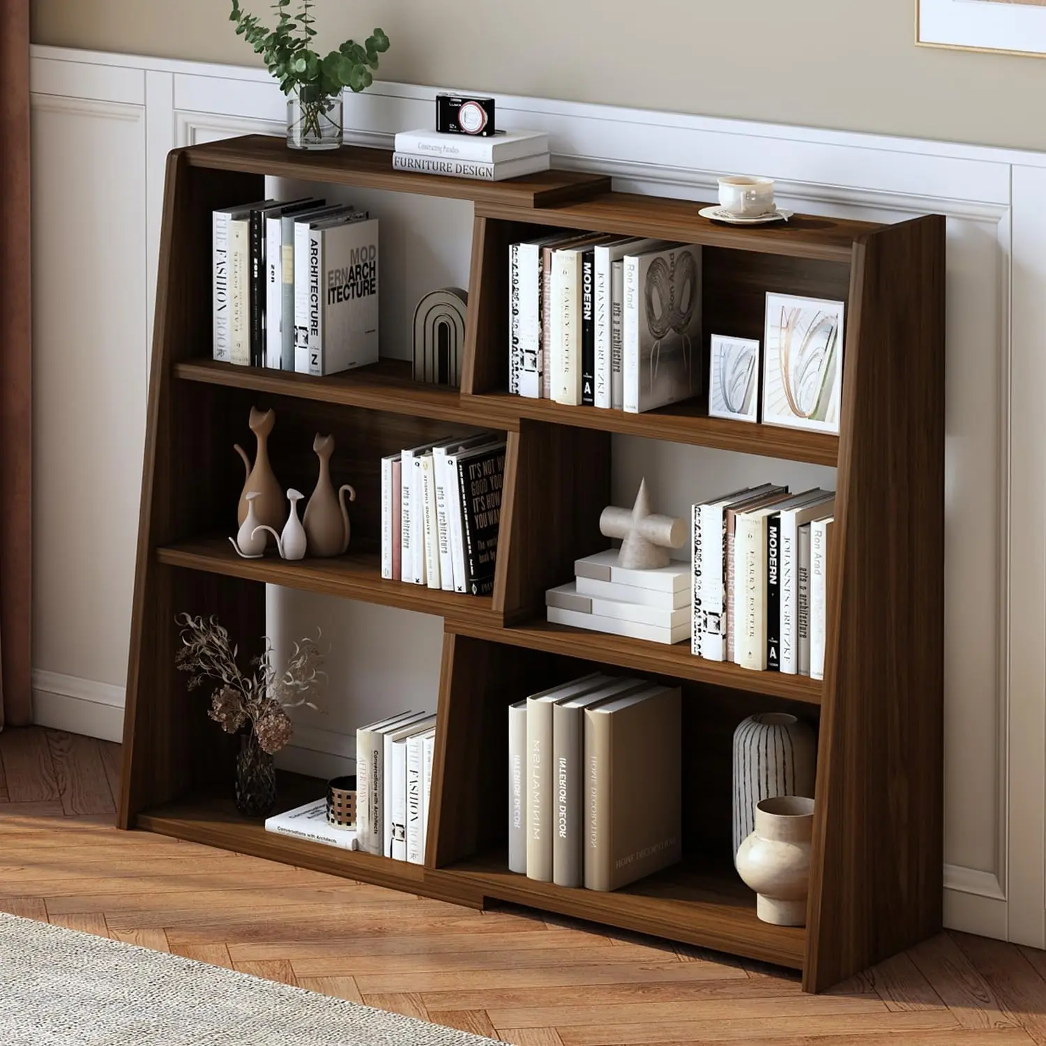 Wooden Extendable Shelf Bookcase - 3-Tier Ladder Low Short Bookshelf for Small Space or Corner, Dark Walnut, S