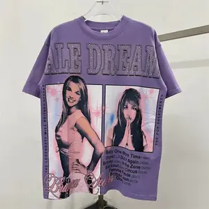 Hot Drill Letter VALLEY Mens Shirts 1:1 Best Quality American Hip Hop Pure Cotton Washed Guitar Print Vale Oversized T Shrit Pure Cotton