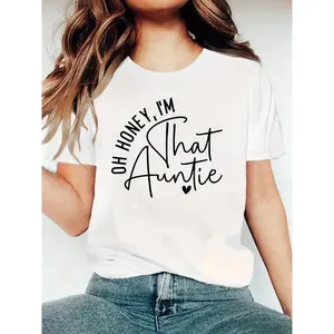 Women's "Oh Honey, I'm That Auntie" Streetwear Crew Neck Tshirt - Polyester Knit Fabric, Medium Stretch, Letters Pattern, Summer Casual Clothes for Adults
