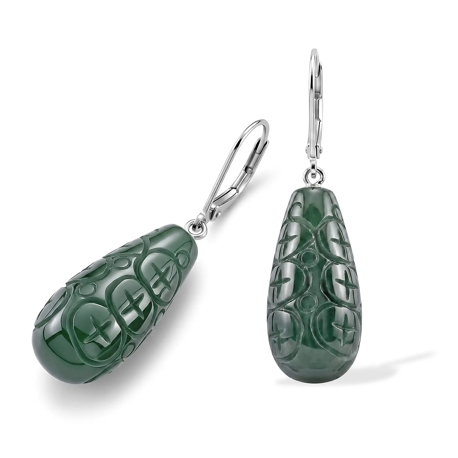 D'Joy Natural Olmec Jadeite Carved Drop Earrings in Rhodium Over Sterling Silver 25.00 ctw