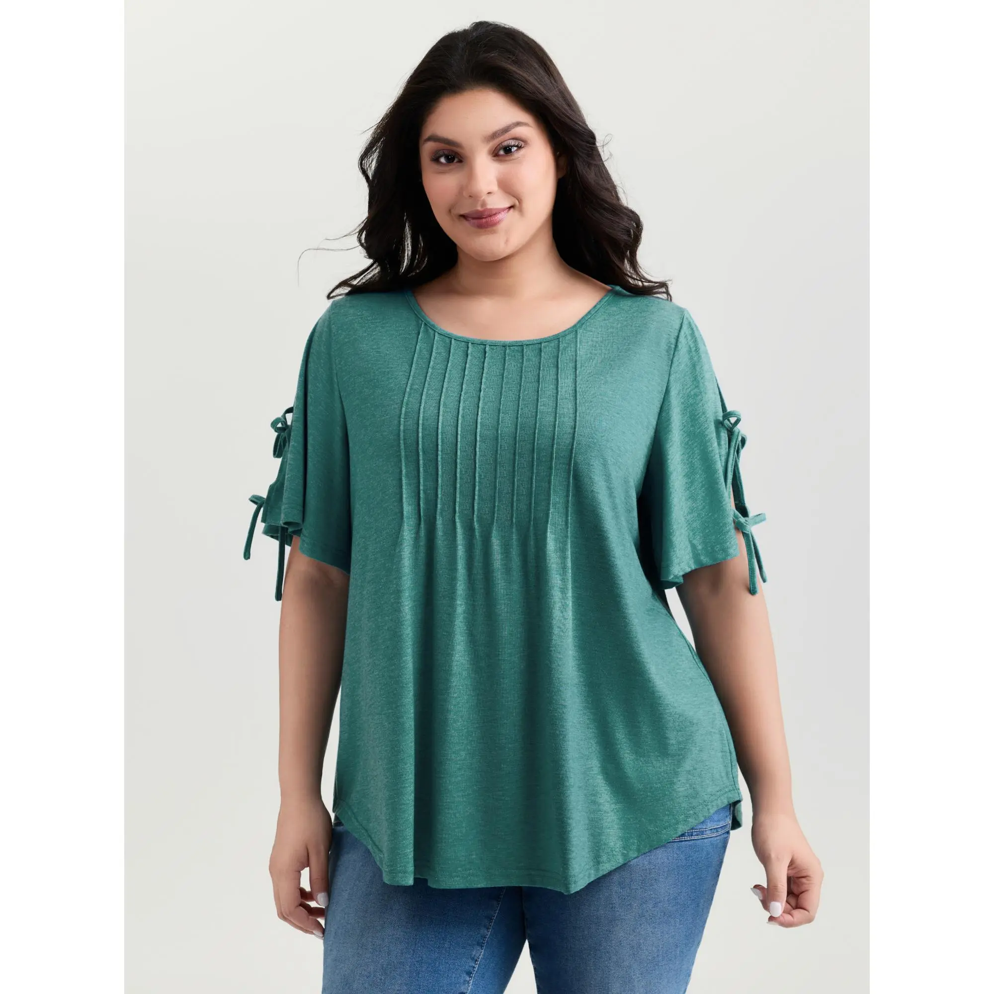 BLOOMCHIC Women's Plus Size Casual Floral Mesh Spandex Blouse - Shirred Waist, Short Sleeve T-Shirt Top, Flattering Fit [M-6X] Plus Size Clothes for 2026 Summerfinds Fabric Womenswear