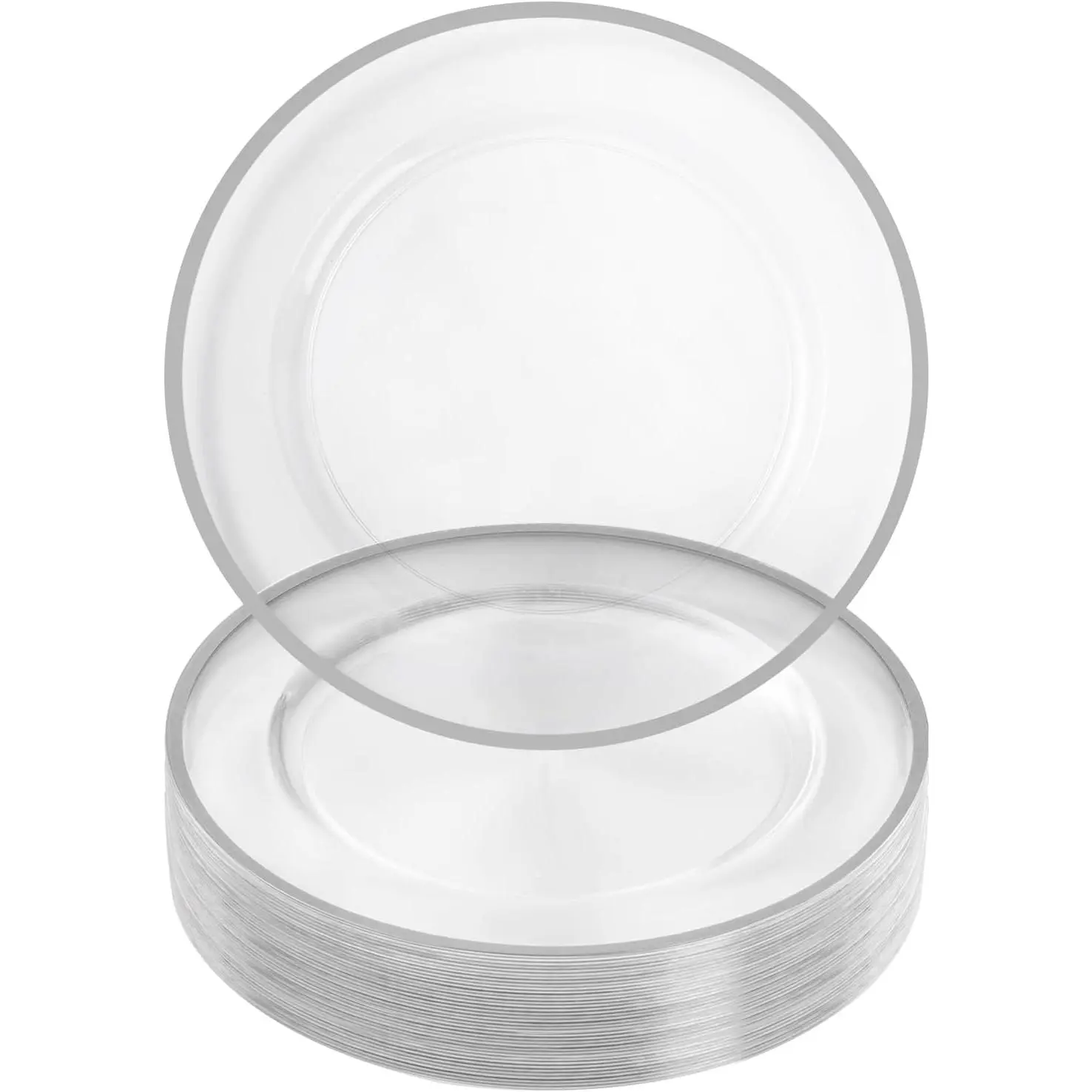 CLEAR 25pcs 12" Round Silver Rim Disposable Sturdy Shatterproof Elegant Plastic Charger Plates Set for Weddings, Festive Home & Party Supplies - Disposable Plates Set, Elegant Plastic Plates