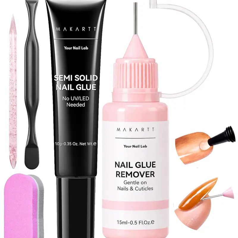 Makartt Gentle Crystal Press On Nails Kit with 15ml Acetone-Free Debonder (Jojoba Oil-Infused), 10ml Semi-Solid Air-Dry Glue (20s Adjustable Time, No UV Lamp) – Acetonefree Remove Set for Beginners
