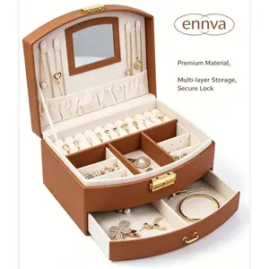 small room organization products.2-layer jewelry PU leather box, 1 set of large-capacity jewelry storage box with drawers, lockable jewelry box, portable mini travel case for jewelry display and storage, small portable case for storing rings, earrings