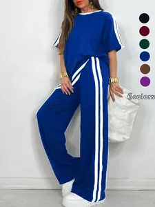 Plus Size Women's Sportswear Set, Striped Short Sleeve Top with Wide Leg Pants, Casual Vacation Sports, All Seasons