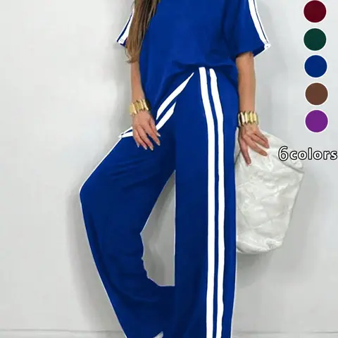 Plus Size Women's Striped Short Sleeve Top & Wide-Leg Pants Athleisure Set, Casual Sportswear for All Seasons, Sporty Outfit