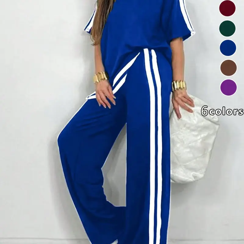 Plus Size Women's Striped Short Sleeve Top & Wide-Leg Pants Athleisure Set, Casual Sportswear for All Seasons, Sporty Outfit