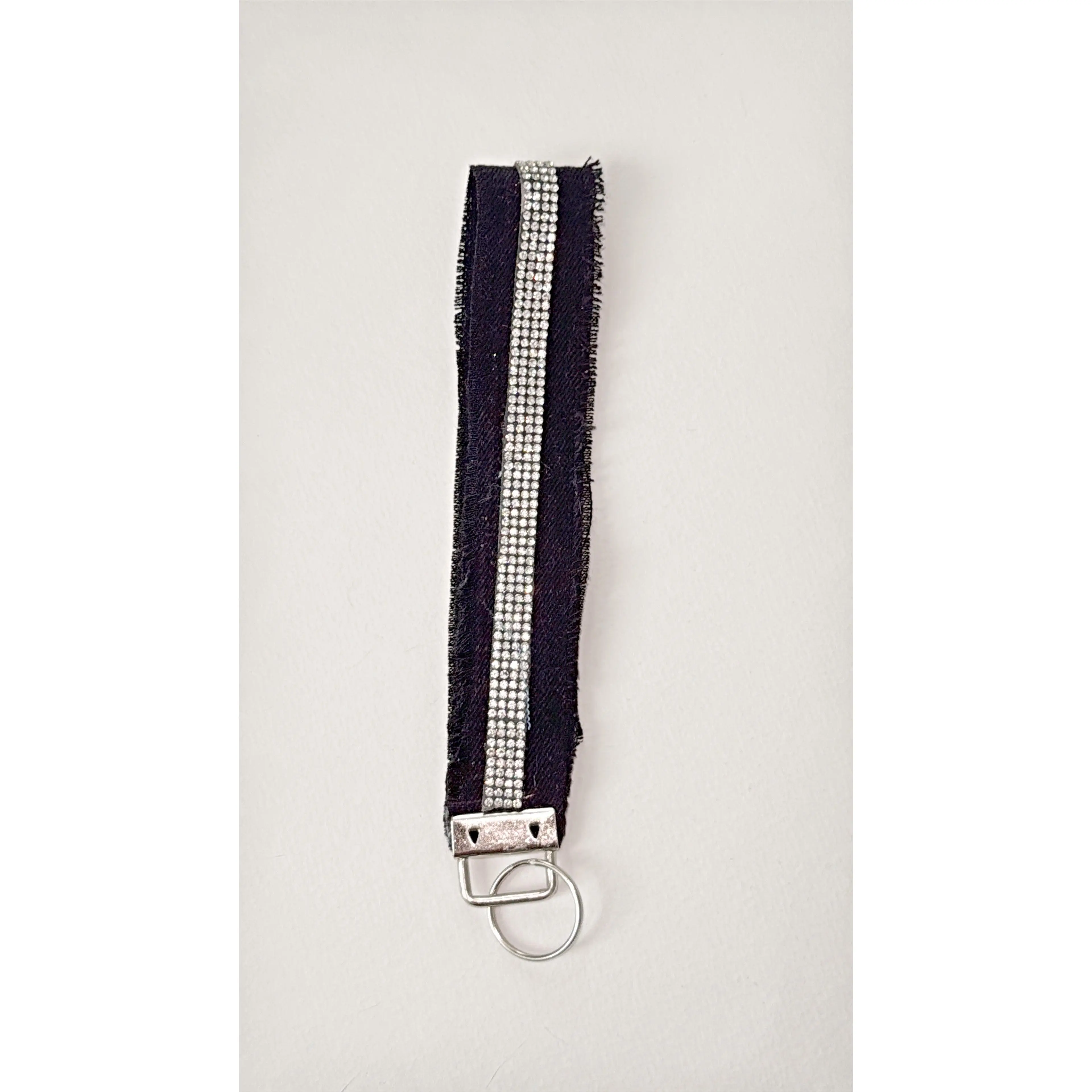 wristlet keychain - blk denim with triple rhinestone embellishment
