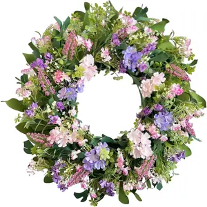 24 Inch Spring Summer Wreaths for Front Door, Purple Pink Hydrangea Wreath with Wildflowers Purple Forsythia, Artificial Silk Floral Wreath Farmhouse Rustic Decor for Outdoor Wall Window Home
