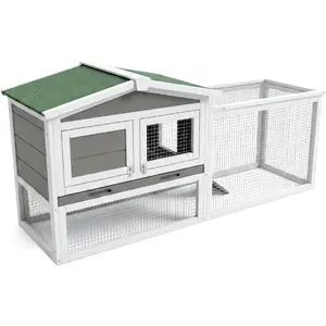 Grey Large Outdoor Rabbit Hutch, Weatherproof 2-Story Bunny Cage with Removable Wire Netting, Wooden Indoor Outdoor Pet House with No-Leak Tray, Waterproof Roof & Pull-Out Tray