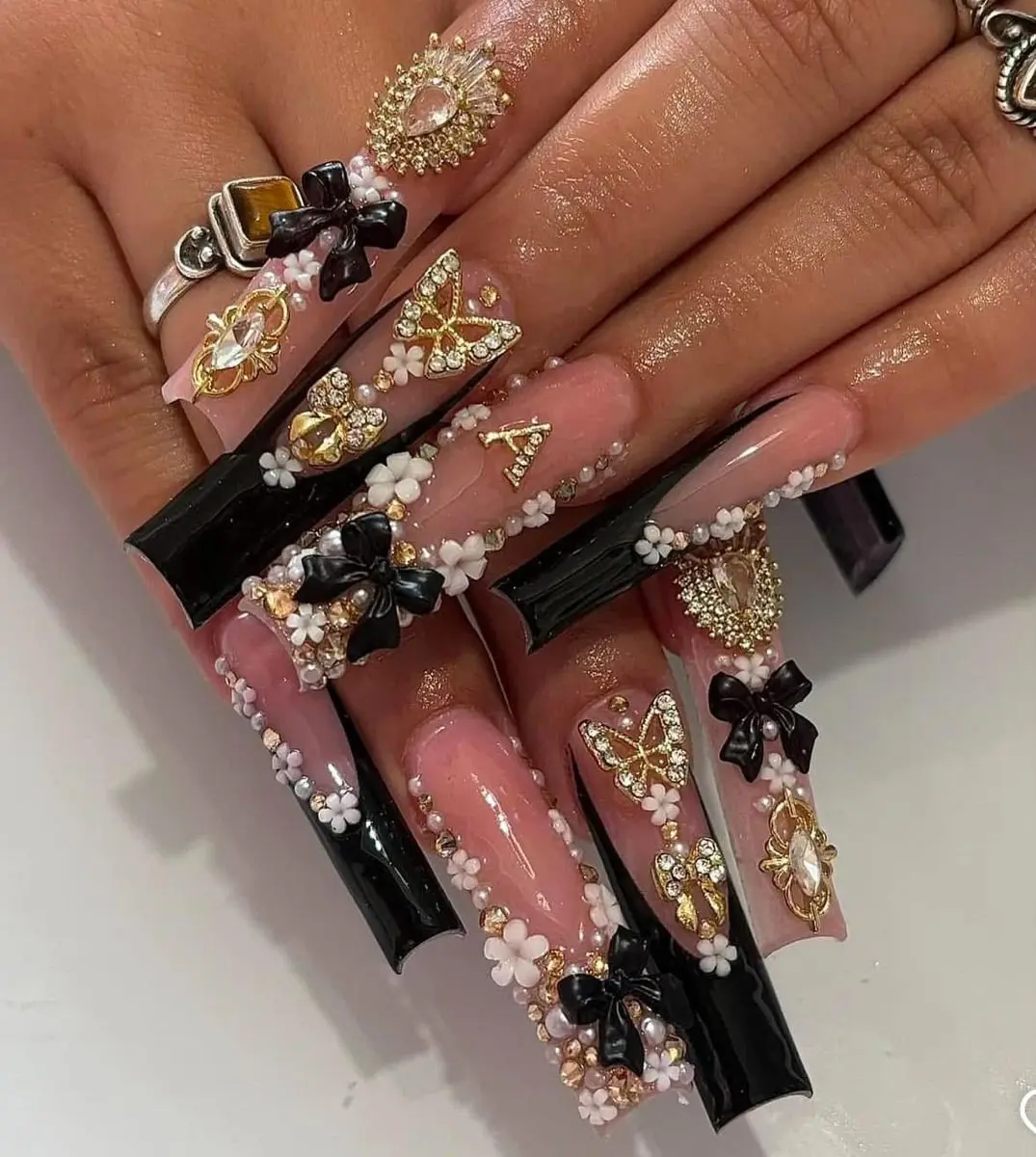 Handmade Gyaru Baddie Style Press-On Nails - Black French Tip, Butterfly Theme, Extra-Long Square Fake Nails with 3D Flower Bow Charms