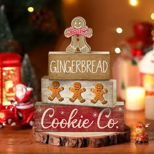 4 pcs Christmas Table Centerpiece Rustic Decorative, Tiered Tray Decor, Nativity Scene Wooden Decoration, Funny Gingerbread Christmas Sign, Block Signs Gift Farmhouse Winter Table Decoration for Home Kitchen