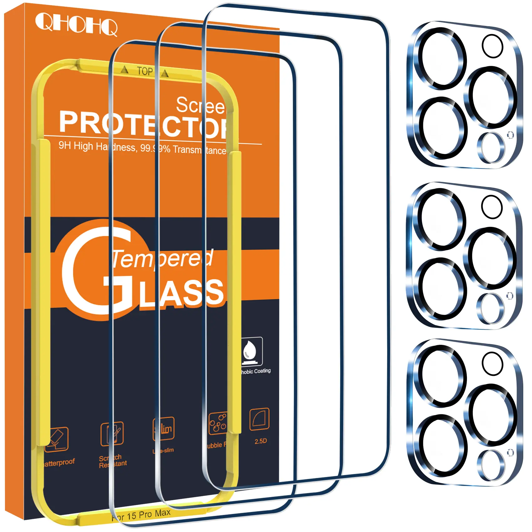 QHOHQ 3 Pcs Screen  with 3 Pcs Camera Lens  for iPhone 15 / 15 Pro / 15 Plus / 15 Pro Max / 14 / 13, Tempered Glass Film with Installnation Frame, 4K HD Clear, 9H Hardness,  Case Friendly,  protector  protector clear screen i phone temperedglass