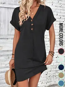 Women's Plain Button V Neck Tee Dress, Casual Short Sleeve Batwing Sleeve Short Dress for Summer, Fashion Women's Dress