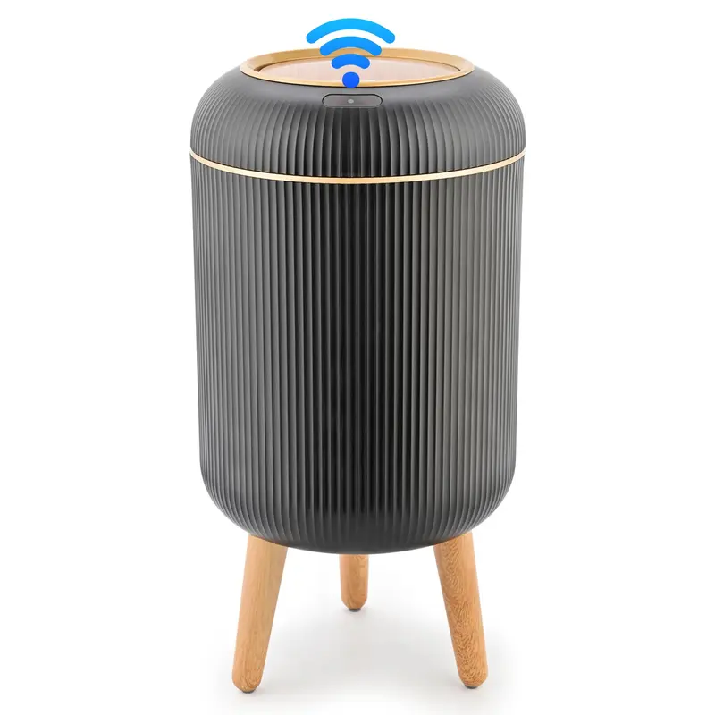 Pukomc PVC Narrow Oval Smart Garbage Can - Touchless Induction Open, Anti-Slip 4-Point Steady Base, Waterproof, Rinse-Clean Surface, Small-Space Fit, Modern Slim Indoor Bathroom Kitchen Touchless Waste & Recycling Bin