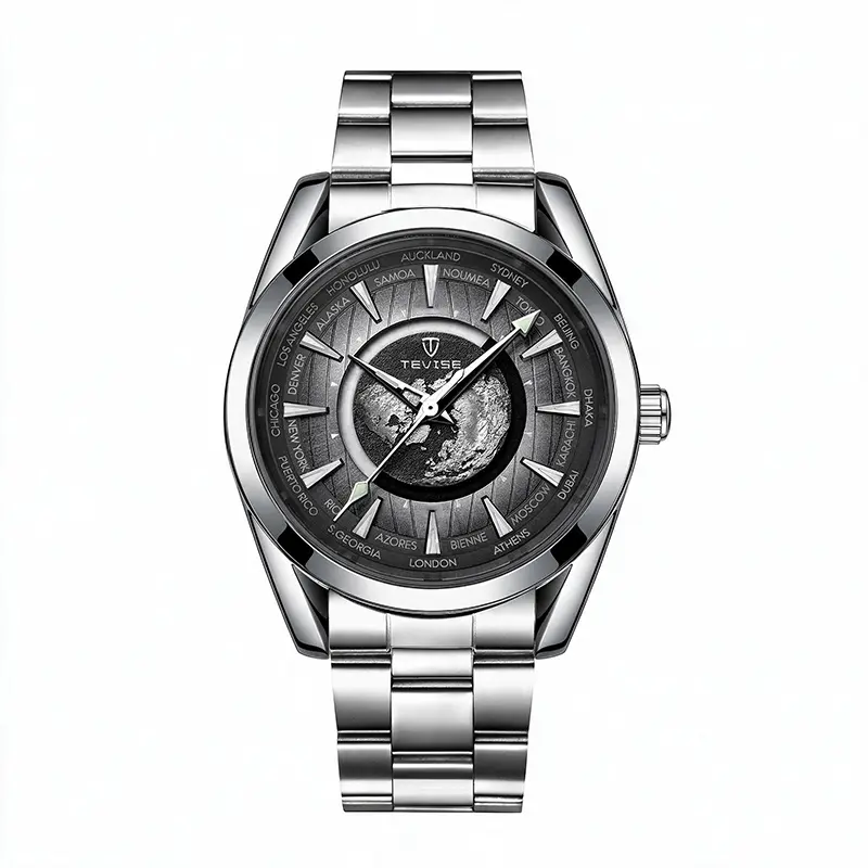 TEVISE Men's Automatic Mechanical Watch - Stainless Steel Bracelet, 3D Earth Map World-Time Dial, Luminous Hands, 3ATM Waterproof Business Wristwatch for Men