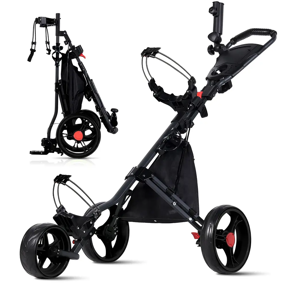 HOWTRUE Deluxe 3-Wheel Golf Push Cart, Featuring 1-Click Folding Function and Included Cooler Bag