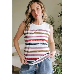 Red Stripe Rainbow Round Neck Tank Top
