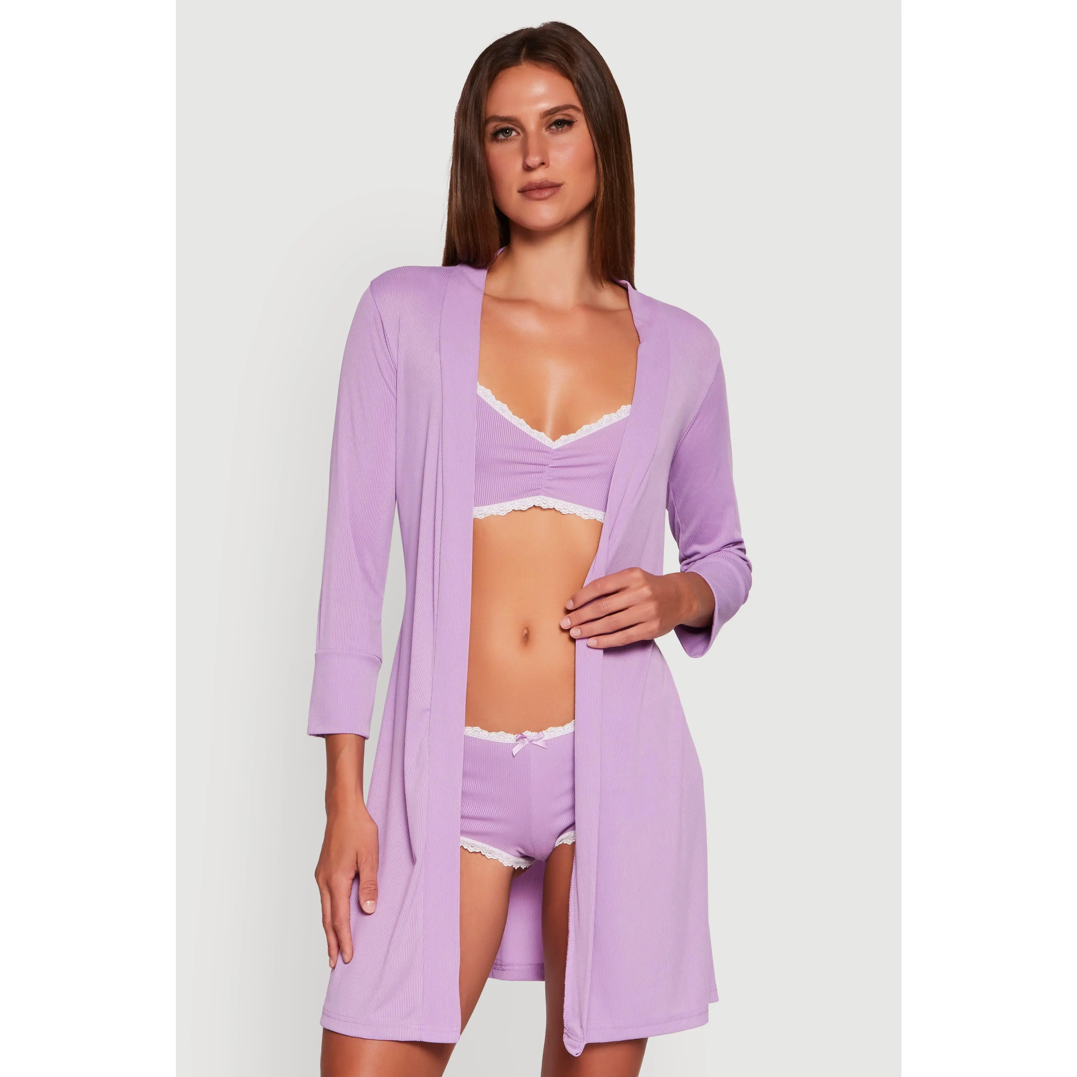 Rib Knit Pajama Bralette and Boyshort Panty with Robe