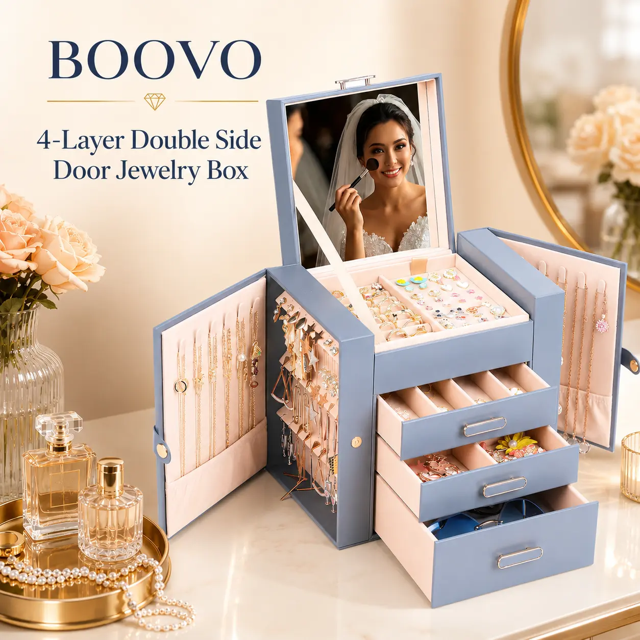 BOOVO 4-Layer Jewelry Box Organizer with Mirror, 2 Side Doors for Necklace Hanging & 2 Drawers for Earring Organizer. Light Luxury Leather Storage Case, Perfect Birthday Wedding Bridesmaid Anniversary Gift Choice for Women（Grey）