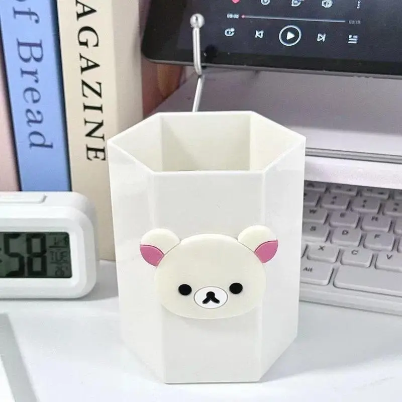 Kawaii Rilakkuma Design Hexagon Pen Holder - Anime Large-Capacity Storage Organizer for Students, Dormitory Desktop Cosmetics Storage Organizer for All Seasons