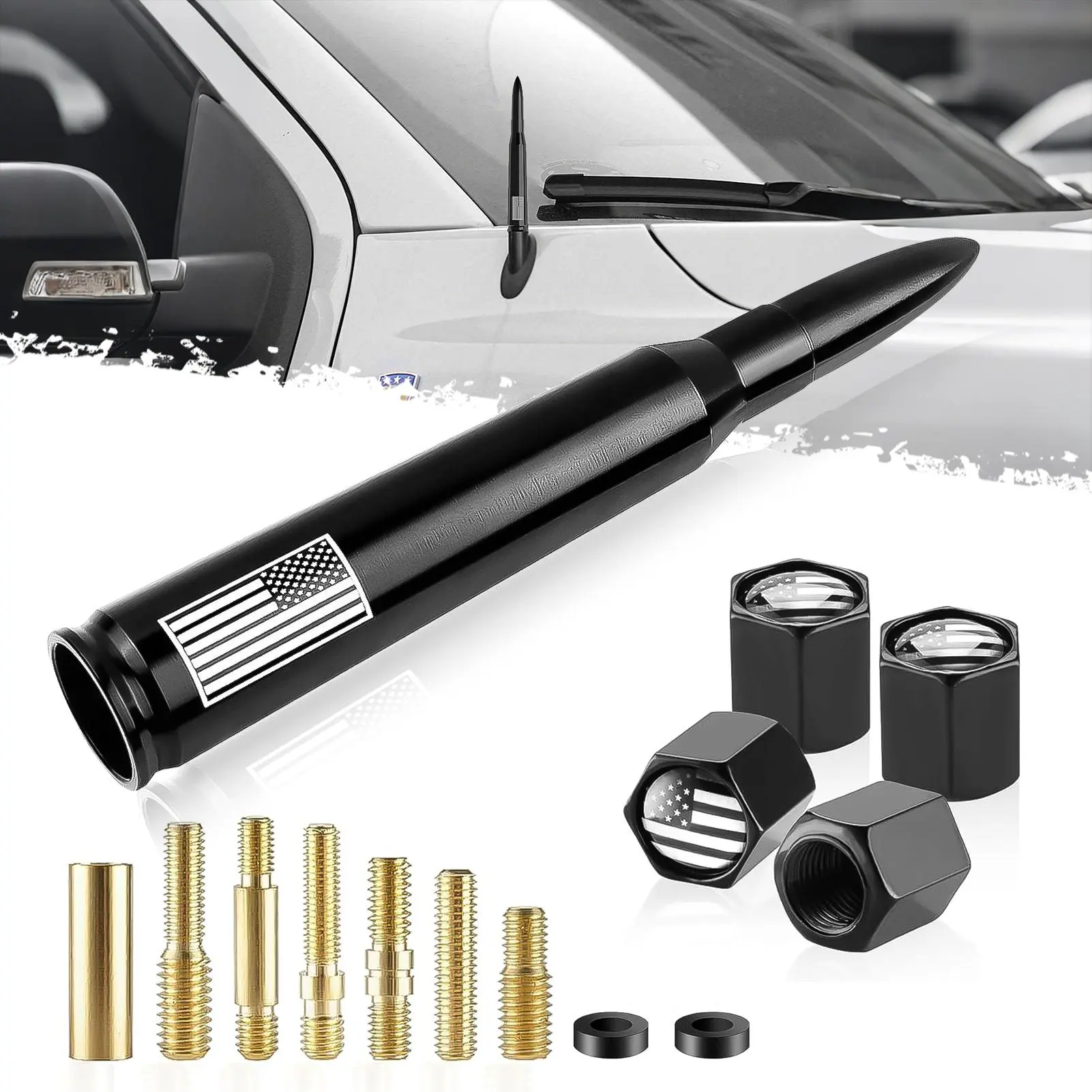 DIBMS 5.5 Inch Short Car Antenna Replacement with Adapter Kit, Tire Valve Stem Caps Included, Vehicle Radio Antenna Upgrade for Truck SUV Ford Chevy GMC Jeep Ram Toyota