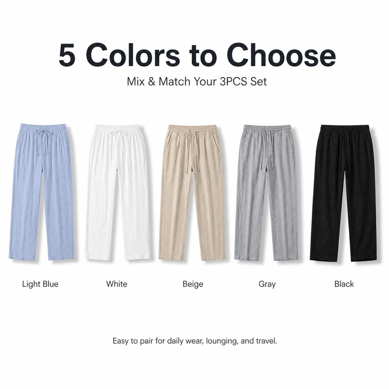 3-pack men’s 100% cotton casual pants: lightweight drawstring pants, breathable straight sleep pants with pockets—suitable for everyday wear, sports, leisure, and outdoor beach activities.