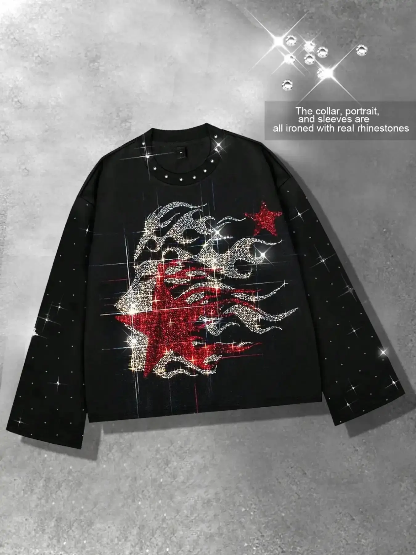 Water Diamond Flame Portrait Long Sleeve Cropped T-shirt with Horn Sleeve for Men, Street Style, Casual Graphic Top, Streetwear Men's and Women's Round Neck T-shirt, Suitable for Spring and Autumn Party Nightclub Hot Diamond Top