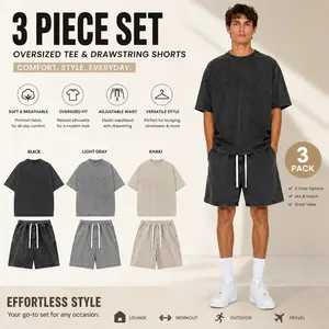 3-Pack Unisex 100% Cotton Oversized Washed Tee & Drawstring Shorts Set, Soft Breathable Fabric, Vintage Casual Loungewear, Adjustable Elastic Waist, Mix & Match Styles, Perfect for Men and Women, Lounging, Streetwear, Workout & Everyday Wear