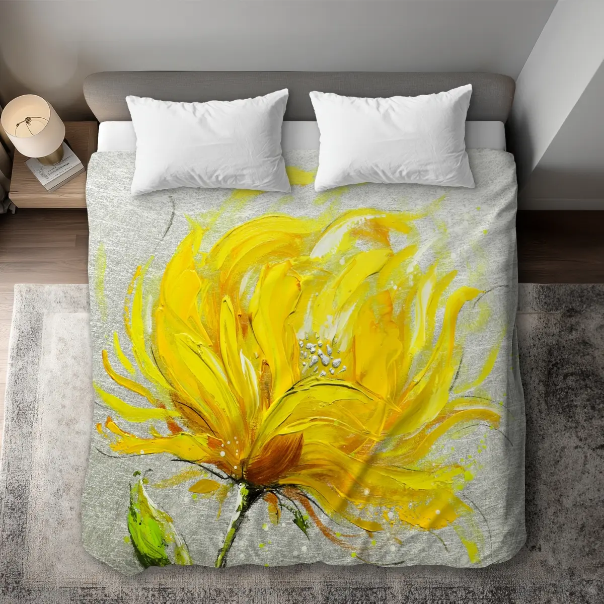 360 Stand King Size Duvet Cover - Microfiber Bedding Linen with Gray & Yellow Fluffy Flower Floral Print, Botanical Art, Contemporary Look, Machine Washable Home Decor Textile, Microfiber Face, Botanical Duvet Covers, Color-Accented Duvet Covers