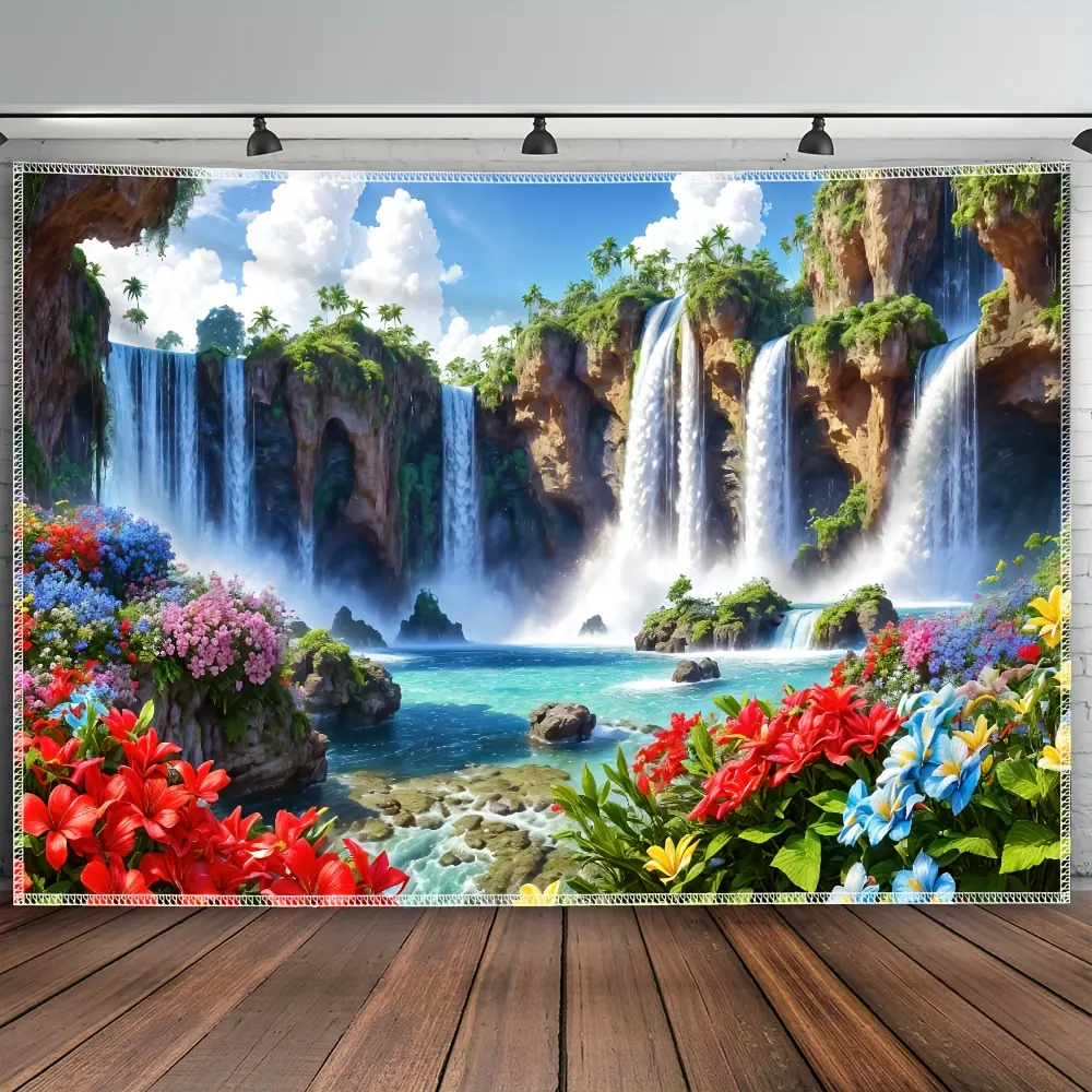 Extra Large Flowers & Waterfall Arch Tapestry, Scenic Nature Polyester Wall Hanging with Peach Skin Velvet Fabric, Woven Indoor Decor for Living Room, No Battery/Electricity Required, No Installation Needed, Waterfall Arch Tapestries