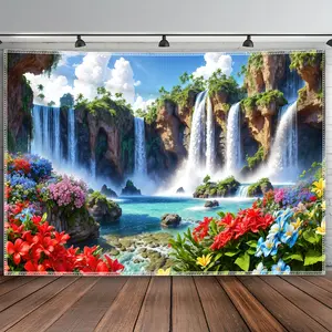 Extra Large Landscape Waterfall Floral Tapestry, Scenic Nature Polyester Wall Hanging, Peach Skin Velvet Fabric, Woven Indoor Tapestry for Living Room Bedroom Office Home Party Decor, No Battery or Electricity Required, No Installation Needed