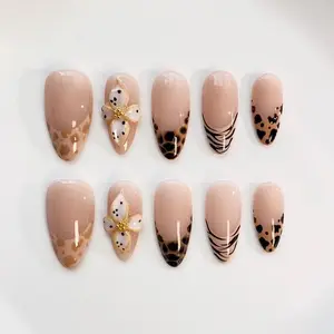 Brown leopard print press on nails long almond nails/Brown French Nails/Zebra print nails/Cute Nails/3D Floral Nails/Crocodile pattern nails