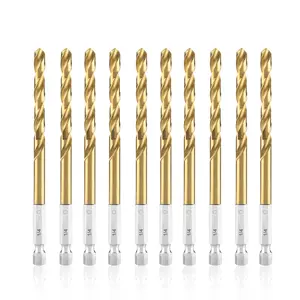 1/4 Impact Drill Bit Set, 10-Piece Titanium Alloy High-Speed Steel Twist Hex Shank Drill Bit Set Suitable for Metal, Steel, Wood, Plastic, Quick Change Design